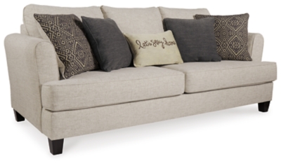 Whether you’re creating a warm and cozy modern farmhouse or cool and contemporary escape, the Alcona sofa sleeper is sure to look right at home. High armrests with a rounded track design provide a chic, sheltering effect. Light linen-tone upholstery and 3-over-2 cushion styling is a beauty to behold. Pull-out queen mattress in quality memory foam comfortably accommodates overnight guests.Corner-blocked frame | Attached back and reversible seat cushions | High-resiliency foam cushions wrapped in thick poly fiber | 5 toss pillows included | Pillows with soft polyfill | Polyester upholstery; polyester, polyester/linen, polyester/rayon pillows | Exposed feet with faux wood finish | Included bi-fold queen memory foam mattress sits atop a supportive steel frame | Memory foam provides better airflow for a cooler night’s sleep | Memory foam encased in damask ticking