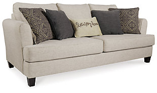 Whether you’re creating a warm and cozy modern farmhouse or cool and contemporary escape, the Alcona sofa is sure to look right at home. High armrests with a rounded track design provide a chic, sheltering effect. Light linen-tone upholstery and 3-over-2 cushion styling is a beauty to behold.Corner-blocked frame | Attached back and reversible seat cushions | High-resiliency foam cushions wrapped in thick poly fiber | Platform foundation system resists sagging 3x better than spring system after 20,000 testing cycles by providing more even support | Smooth platform foundation maintains tight, wrinkle-free look without dips or sags that can occur over time with sinuous spring foundations | 5 toss pillows included | Pillows with soft polyfill | Polyester upholstery; polyester, polyester/linen, polyester/rayon pillows | Exposed feet with faux wood finish