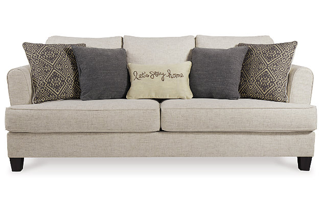 Whether you’re creating a warm and cozy modern farmhouse or cool and contemporary escape, the Alcona sofa sleeper is sure to look right at home. High armrests with a rounded track design provide a chic, sheltering effect. Light linen-tone upholstery and 3-over-2 cushion styling is a beauty to behold. Pull-out queen mattress in quality memory foam comfortably accommodates overnight guests.Corner-blocked frame | Attached back and reversible seat cushions | High-resiliency foam cushions wrapped in thick poly fiber | 5 toss pillows included | Pillows with soft polyfill | Polyester upholstery; polyester, polyester/linen, polyester/rayon pillows | Exposed feet with faux wood finish | Included bi-fold queen memory foam mattress sits atop a supportive steel frame | Memory foam provides better airflow for a cooler night’s sleep | Memory foam encased in damask ticking