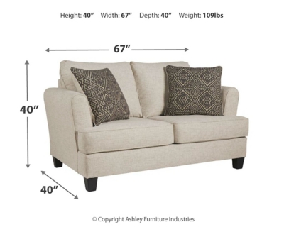 Whether you’re creating a warm and cozy modern farmhouse or cool and contemporary escape, the Alcona loveseat is sure to look right at home. High armrests with a rounded track design provide a chic, sheltering effect. Light linen-tone upholstery is a beauty to behold.Corner-blocked frame | Attached back and reversible seat cushions | High-resiliency foam cushions wrapped in thick poly fiber | Platform foundation system resists sagging 3x better than spring system after 20,000 testing cycles by providing more even support | Smooth platform foundation maintains tight, wrinkle-free look without dips or sags that can occur over time with sinuous spring foundations | 2 toss pillows included | Pillows with soft polyfill | Polyester upholstery and pillows | Exposed feet with faux wood finish