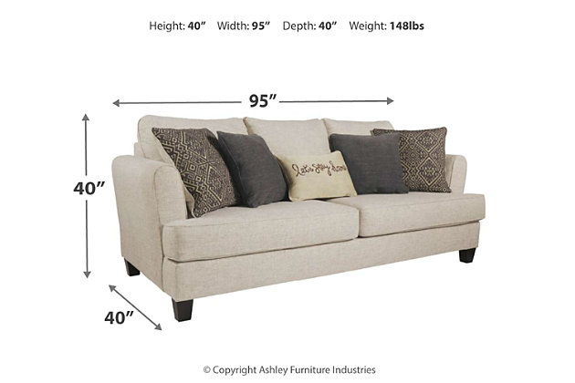 Whether you’re creating a warm and cozy modern farmhouse or cool and contemporary escape, the Alcona sofa is sure to look right at home. High armrests with a rounded track design provide a chic, sheltering effect. Light linen-tone upholstery and 3-over-2 cushion styling is a beauty to behold.Corner-blocked frame | Attached back and reversible seat cushions | High-resiliency foam cushions wrapped in thick poly fiber | Platform foundation system resists sagging 3x better than spring system after 20,000 testing cycles by providing more even support | Smooth platform foundation maintains tight, wrinkle-free look without dips or sags that can occur over time with sinuous spring foundations | 5 toss pillows included | Pillows with soft polyfill | Polyester upholstery; polyester, polyester/linen, polyester/rayon pillows | Exposed feet with faux wood finish