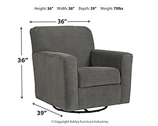 Head-turning, contemporary style and modern comfort are yours for the taking—at a comfortably cool price—with the Alcona swivel glider accent chair in charcoal gray. Gentle gliding motion lets you rock your cares away. Chair’s 360-degree swivel ensures you always have the best view in the house.Corner-blocked frame | Gentle gliding motion | Attached back and loose seat cushions | High-resiliency foam cushions wrapped in thick poly fiber | Polyester/linen upholstery | 360-degree swivel