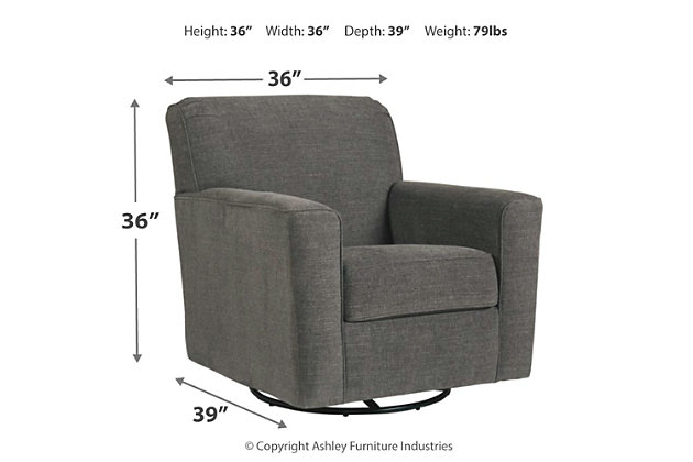 Head-turning, contemporary style and modern comfort are yours for the taking—at a comfortably cool price—with the Alcona swivel glider accent chair in charcoal gray. Gentle gliding motion lets you rock your cares away. Chair’s 360-degree swivel ensures you always have the best view in the house.Corner-blocked frame | Gentle gliding motion | Attached back and loose seat cushions | High-resiliency foam cushions wrapped in thick poly fiber | Polyester/linen upholstery | 360-degree swivel