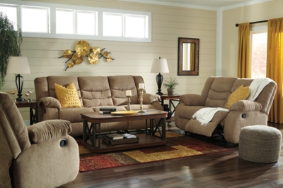 The Tulen reclining sofa puts the win in winning. Its waterfall back design and doubly plump pillow top arms team up with soft chenille fabric to go for the goal. Ample seating room makes the comfort possibilities endless. Sit back and relax. You won’t go wrong with this reclining loveseat.Dual-sided recliner; middle seat remains stationary | Pull tab reclining motion | Corner-blocked frame with metal reinforced seat | High-resiliency foam cushion wrapped in thick poly fiber | Polyester upholstery