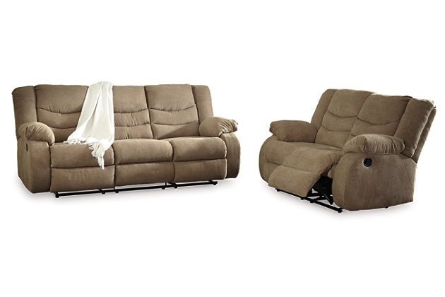 The Tulen reclining sofa and loveseat set puts the win in winning. Its waterfall back design and doubly plump pillow top arms team up with soft chenille fabric to go for the goal. Ample seating room makes the comfort possibilities endless. Sit back and relax. You won’t go wrong with this reclining set.Includes sofa and loveseat | Dual-sided recliners; sofa’s middle seat remains stationary | Pull tab reclining motion | Corner-blocked frame with metal reinforced seat | High-resiliency foam cushion wrapped in thick poly fiber | Polyester upholstery