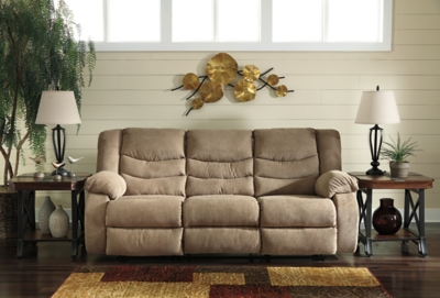 The Tulen reclining sofa puts the win in winning. Its waterfall back design and doubly plump pillow top arms team up with soft chenille fabric to go for the goal. Ample seating room makes the comfort possibilities endless. Sit back and relax. You won’t go wrong with this reclining loveseat.Dual-sided recliner; middle seat remains stationary | Pull tab reclining motion | Corner-blocked frame with metal reinforced seat | High-resiliency foam cushion wrapped in thick poly fiber | Polyester upholstery