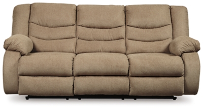 The Tulen reclining sofa puts the win in winning. Its waterfall back design and doubly plump pillow top arms team up with soft chenille fabric to go for the goal. Ample seating room makes the comfort possibilities endless. Sit back and relax. You won’t go wrong with this reclining loveseat.Dual-sided recliner; middle seat remains stationary | Pull tab reclining motion | Corner-blocked frame with metal reinforced seat | High-resiliency foam cushion wrapped in thick poly fiber | Polyester upholstery