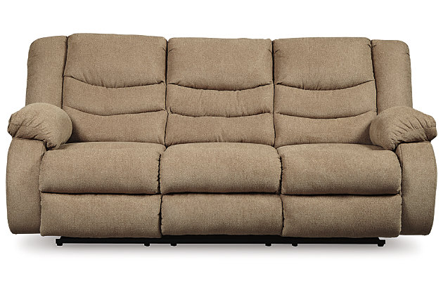 The Tulen reclining sofa puts the win in winning. Its waterfall back design and doubly plump pillow top arms team up with soft chenille fabric to go for the goal. Ample seating room makes the comfort possibilities endless. Sit back and relax. You won’t go wrong with this reclining loveseat.Dual-sided recliner; middle seat remains stationary | Pull tab reclining motion | Corner-blocked frame with metal reinforced seat | High-resiliency foam cushion wrapped in thick poly fiber | Polyester upholstery