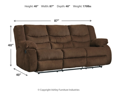 The Tulen reclining sofa puts the win in winning. Its waterfall back design and doubly plump pillow top arms team up with soft chenille fabric to go for the goal. Ample seating room makes the comfort possibilities endless. Sit back and relax. You won’t go wrong with this reclining loveseat.Dual-sided recliner; middle seat remains stationary | Pull tab reclining motion | Corner-blocked frame with metal reinforced seat | High-resiliency foam cushion wrapped in thick poly fiber | Polyester upholstery