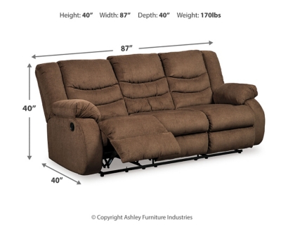 The Tulen reclining sofa puts the win in winning. Its waterfall back design and doubly plump pillow top arms team up with soft chenille fabric to go for the goal. Ample seating room makes the comfort possibilities endless. Sit back and relax. You won’t go wrong with this reclining loveseat.Dual-sided recliner; middle seat remains stationary | Pull tab reclining motion | Corner-blocked frame with metal reinforced seat | High-resiliency foam cushion wrapped in thick poly fiber | Polyester upholstery