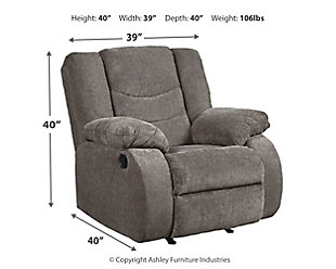 The Tulen rocker recliner puts the win in winning. Its waterfall back design and doubly plump pillow top arms team up with soft chenille fabric to go for the goal. Ample seating room makes the comfort possibilities endless. Sit back and relax. You won’t go wrong with this recliner.Gentle rocking motion | Pull tab reclining motion | Corner-blocked frame with metal reinforced seat | High-resiliency foam cushion wrapped in thick poly fiber | Polyester upholstery | Excluded from promotional discounts and coupons