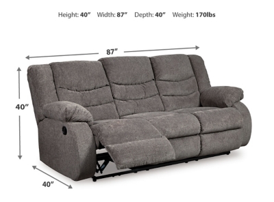 The Tulen reclining sofa puts the win in winning. Its waterfall back design and doubly plump pillow top arms team up with soft chenille fabric to go for the goal. Ample seating room makes the comfort possibilities endless. Sit back and relax. You won’t go wrong with this reclining loveseat.Dual-sided recliner; middle seat remains stationary | Pull tab reclining motion | Corner-blocked frame with metal reinforced seat | High-resiliency foam cushion wrapped in thick poly fiber | Polyester upholstery