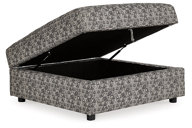 Make way for high style and indulgent comfort with the Kellway ottoman with storage. Plushly cushioned, removable top reveals loads of hideway space for seasonal storage or last-minute cleanups. Generous scale makes it ideal as a relaxed “coffee table” or footrest for one and all.Corner-blocked frame | High-resiliency foam cushion wrapped in thick poly fiber | Polyester upholstery | Storage under cushioned removable top | Exposed legs with faux wood finish