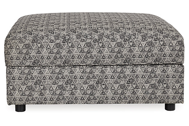Make way for high style and indulgent comfort with the Kellway ottoman with storage. Plushly cushioned, removable top reveals loads of hideway space for seasonal storage or last-minute cleanups. Generous scale makes it ideal as a relaxed “coffee table” or footrest for one and all.Corner-blocked frame | High-resiliency foam cushion wrapped in thick poly fiber | Polyester upholstery | Storage under cushioned removable top | Exposed legs with faux wood finish