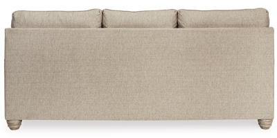 Charming with Charles of London arms that beautifully go with the flow, the Dandrea sofa sleeper in bisque beige is richly elegant yet comfortably made for everyday living. Showcasing distressed at its best, the sofa’s turned bun feet with patina finish are aged to perfection. Five designer toss pillows make the most of moody blues.Corner-blocked frame | Attached back and reversible seat cushions | High-resiliency foam cushions wrapped in thick poly fiber | 5 toss pillows included | Pillows with soft polyfill | Polyester upholstery; polyester, polyester/polyurethane and polyester/cotton pillows | Exposed feet with faux wood finish | Included bi-fold queen memory foam mattress sits atop a supportive steel frame | Memory foam provides better airflow for a cooler night’s sleep | Memory foam encased in damask ticking