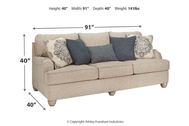 Charming with Charles of London arms that beautifully go with the flow, the Dandrea sofa in bisque beige is richly elegant yet comfortably made for everyday living. Showcasing distressed at its best, the sofa’s turned bun feet with patina finish are aged to perfection. Five designer toss pillows make the most of moody blues.Corner-blocked frame | Attached back and reversible seat cushions | High-resiliency foam cushions wrapped in thick poly fiber | Platform foundation system resists sagging 3x better than spring system after 20,000 testing cycles by providing more even support | Smooth platform foundation maintains tight, wrinkle-free look without dips or sags that can occur over time with sinuous spring foundations | 5 toss pillows included | Pillows with soft polyfill | Polyester upholstery; polyester, polyester/polyurethane and polyester/cotton pillows | Exposed feet with faux wood finish