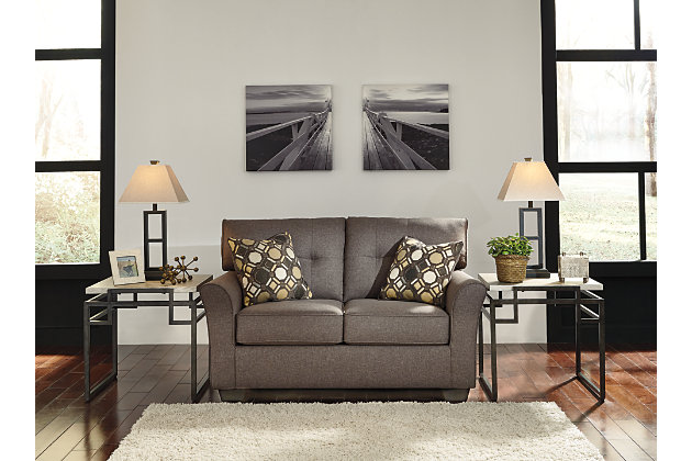 Inspired by high-end menswear, the Tibbee sofa, chaise and loveseat set is tailored to perfection and dressed to impress. Button-less tufting on the back cushions is richly subtle. Sleek, flared armrests enhance the clean-lined, striking profile.Includes sofa, chaise and loveseat | Corner-blocked frame | Attached back and loose seat cushions | High-resiliency foam cushions wrapped in thick poly fiber | Accent pillows included | Pillows with soft polyfill | Polyester upholstery and pillows | Exposed feet with faux wood finish