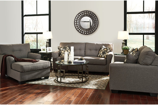 Inspired by high-end menswear, the Tibbee chaise is tailored to perfection and dressed to impress. Button-less tufting on the back cushion is richly subtle. Sleek, flared armrests enhance Tibbee’s simply striking profile, while ample scale provides plenty of room for stretching out in comfort.Corner-blocked frame | Attached back and loose seat cushions | High-resiliency foam cushions wrapped in thick poly fiber | Polyester upholstery | Exposed feet with faux wood finish