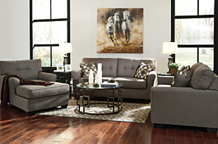 Inspired by high-end menswear, the Tibbee sofa, chaise and loveseat set is tailored to perfection and dressed to impress. Button-less tufting on the back cushions is richly subtle. Sleek, flared armrests enhance the clean-lined, striking profile.Includes sofa, chaise and loveseat | Corner-blocked frame | Attached back and loose seat cushions | High-resiliency foam cushions wrapped in thick poly fiber | Accent pillows included | Pillows with soft polyfill | Polyester upholstery and pillows | Exposed feet with faux wood finish