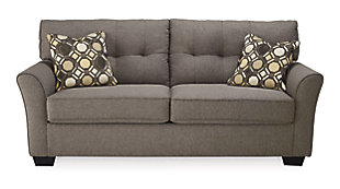 Inspired by high-end menswear, the Tibbee full sofa sleeper is tailored to perfection and dressed to impress. Button-less tufting on the back cushions is richly subtle. Sleek, flared armrests enhance Tibbee’s clean-lined, simply striking profile. Pull-out full mattress accommodates overnight guests.Corner-blocked frame | Attached back and loose seat cushions | High-resiliency foam cushions wrapped in thick poly fiber | 2 toss pillows included | Pillows with soft polyfill | Polyester upholstery and pillows | Exposed feet with faux wood finish | Included bi-fold full memory foam mattress sits atop a supportive metal frame