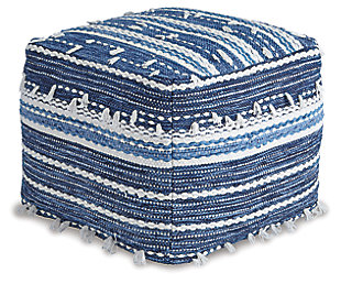 Home fashion reinvents itself in the Anthony pouf. Woven texture brings the 90s back in fashion. Shades of blue are appealing to modern-day interiors. Handmade tassel design makes a trendsetting statement. Sit or rest your feet in style on the supportive shape.Handmade | Cotton cover | Dense polystyrene bead filling | Due to the handcrafted nature of this product, some variation may occur | Spot clean only | Imported