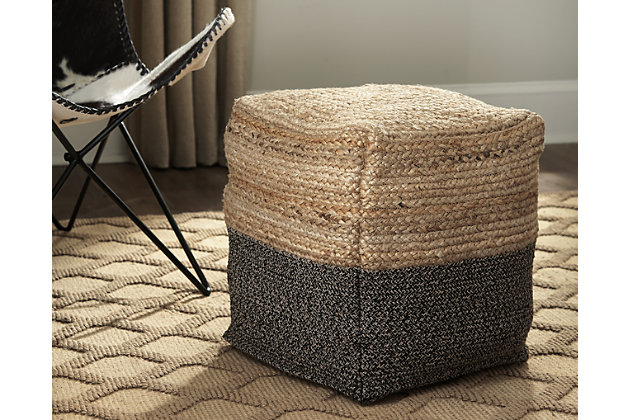 Signature Design by Ashley Sweed Valley Handmade Pouf 19x19x18 Inches Light Brown & Charcoal