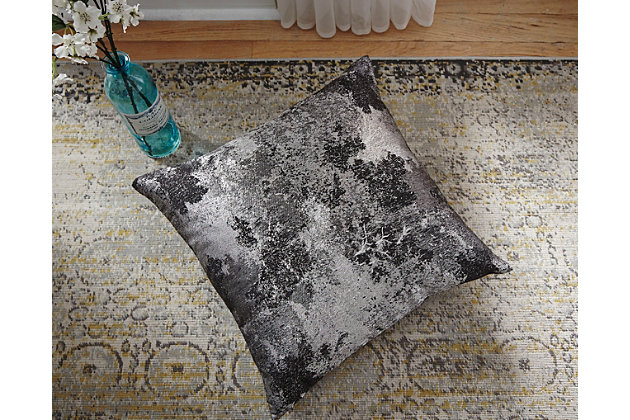 Sporting an abstract design in on-trend metallic silver and gray, the Adain pillow is right at home in contemporary spaces. Such a beautifully bold addition to a posh living room or boudoir. Polyester cover | Feather fill | Zipper closure | Machine washable cover | Imported
