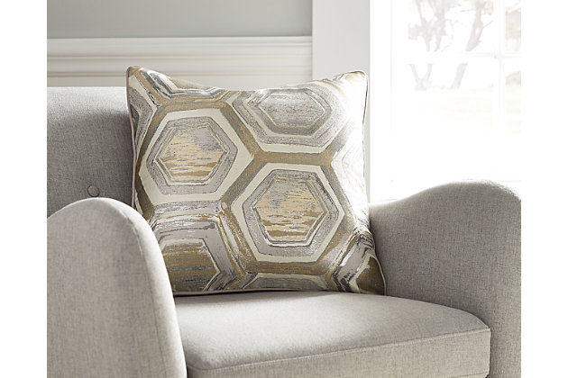 Bring an effortlessly cool and contemporary feeling to a space with the Meiling toss pillow. A hint of metallic sheen takes its neutral palette to a new level, while the hexagon pattern is perfectly on point.Polyester cover | Soft polyfill | Zipper closure | Imported | Machine washable