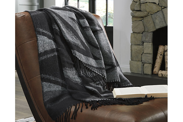 Give your home a relaxed look with the Cecile throw. Woven tribal design in shades of black and gray has an appealing feel. Place it over your furniture or your shoulders for extra warmth.Made of acrylic | Imported | Dry clean only