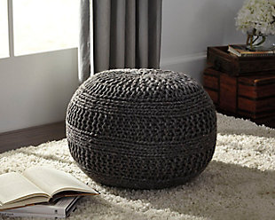 Nothing says cozy like a hand-knitted sweater. This causally cool pouf in charcoal takes this simple concept and applies it to home decor. The result: a snuggly spare seat, ottoman or impromptu coffee table that brings a warm and inviting touch anywhere you please.Handmade wool cover | Chunky fabric texture, inspired by cable-knit sweaters | Charcoal gray material loaded with neutral appeal | Dense polystyrene filling allows pouf to be supportive/hold its shape | Spot clean pouf for best results | Lightweight design lets you take this pouf anywhere you please | Made of imported materials