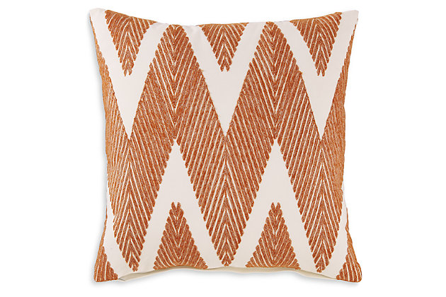 If your room could smile, the Carlina accent pillow’s energy-filled design would do the trick. Chevron pattern is elevated with orange embroidery. It’s snazzy and textured, making it the perfect addition to your home.Cotton cover | Soft polyfill | Zipper closure | Imported | Dry clean only