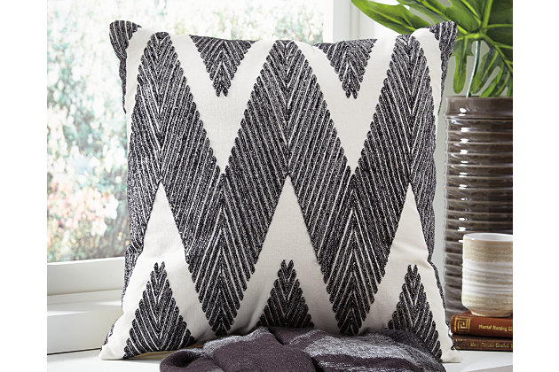 If your room could smile, the Carlina accent pillow’s energy-filled design would do the trick. Chevron pattern is elevated with black embroidery. It’s snazzy and textured, making it the perfect addition to your home.Cotton cover | Soft polyfill insert | Zipper closure | Imported | Dry clean only