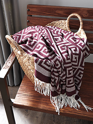 Cozy up in style with the Anitra throw. Jacquard woven Greek key design elevates the plum color. Fringe around the edges gives this throw an on trend appeal.Acrylic | Dry clean only | Imported