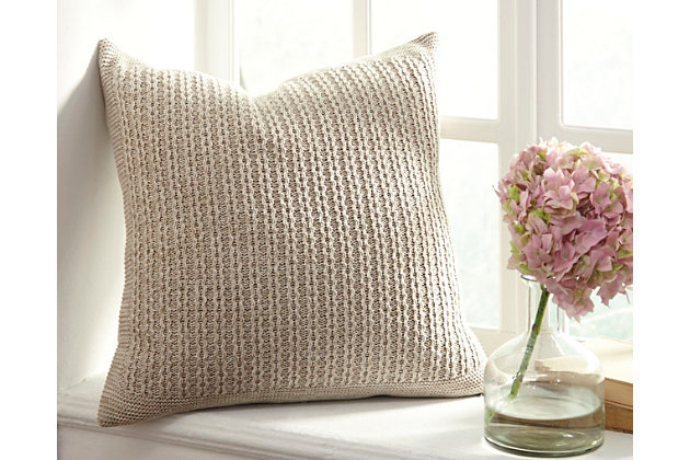 Sporting a cable knit in a relaxed stone-washed hue, the Wilsonburg pillow captures the art of ease. Prominent banding ties the look together beautifully.Qualifies for Free Standard Shipping | Cotton cover | Feather fill | Zipper closure | Machine washable cover | Imported