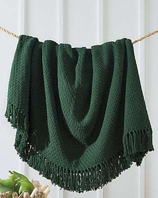 Wrap yourself in color, comfort and cozy texture with the Yasmin throw in deep green. A treat for the senses, this cotton throw is beautified with a waffle weave design and fringe details for a flirty touch.Made of cotton | Waffle weave | Fringe detail | Spot clean only