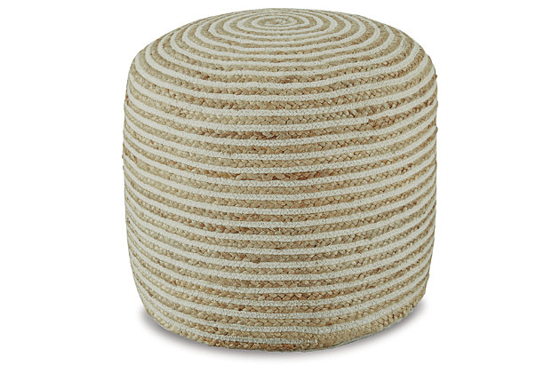 The Aildon pouf with its intricately hand-braided design in natural and white offers stylish resourcefulness to your living space. The captivating swirl design laced with a pop of pristine color flawlessly trends of sense of sophistication from room to room within any home decor.Handmade | Jute and cotton cover | Polystyrene bead filling | Zipper closure | Due to the use of natural materials, some variation may occur | Spot clean only | Imported