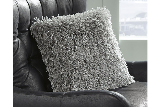 If you’re looking for cozy texture and retro-cool flair, have a heyday with the Jasmen accent pillow in groovy gray. Rest assured, its fab shag front feels every bit as wonderful as it looks.Polyester cover | Soft polyfill | Zipper closure | Imported | Spot clean only