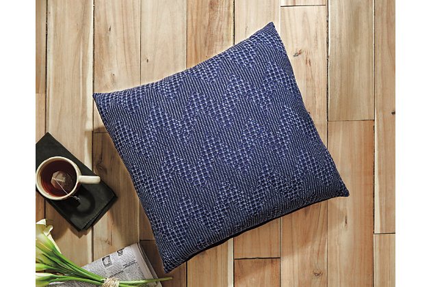 Make a subtle splash with this navy-colored throw pillow with washed jacquard design. Cottony soft cover feels every bit as good as it looks.Cotton cover | Patterned front; solid back | Knife edge construction | Soft polyfill | Zipper closure | Spot clean | Imported