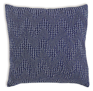 Make a subtle splash with this navy-colored throw pillow with washed jacquard design. Cottony soft cover feels every bit as good as it looks.Cotton cover | Patterned front; solid back | Knife edge construction | Soft polyfill | Zipper closure | Spot clean | Imported