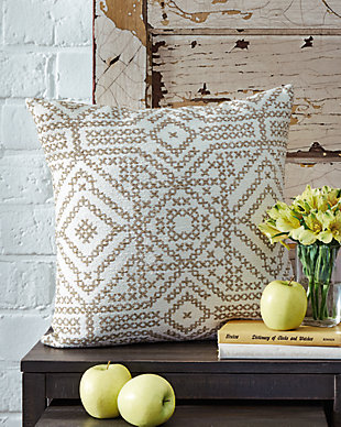 Rediscovering timeless beauty of traditional tribal patterns, the Jermaine embroidered accent pillow reinterprets iconic textile design. Neutral enough to slip right into any scene.Jacquard cloth base with embroidery work in taupe | Polyester/cotton blend face with cotton/linen blend reverse | Zipper closure | Soft polyfill | Machine washable | Imported