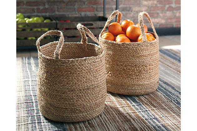 The Brayton basket set is a naturally attractive addition to your home. Quality crafted of jute, it’s durable and a great way to organize with style.Made of jute | Clean with a soft, dry cloth