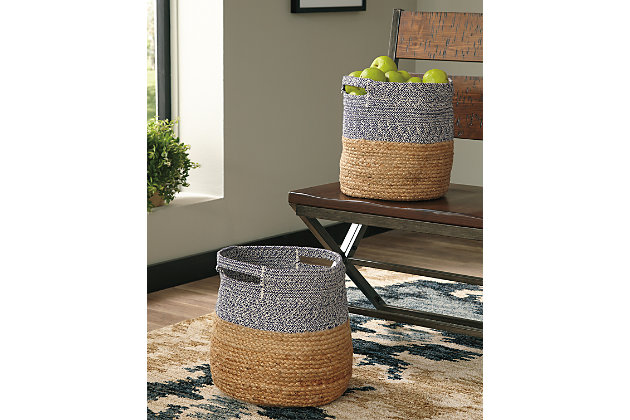 Keep fashion flowing throughout your home with the Parrish basket set. Braided blue cotton with natural jute gives these baskets global appeal. Perfect for bohemian inspired homes.Made of cotton and jute | Clean with a soft, dry cloth