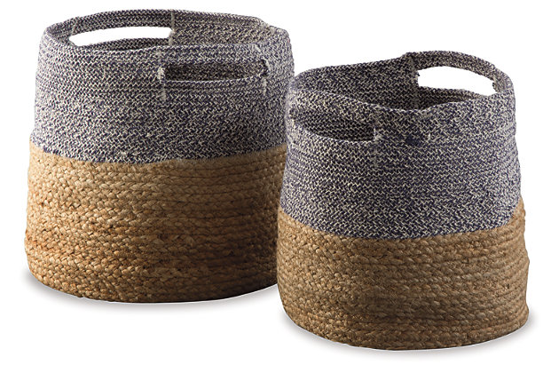 Keep fashion flowing throughout your home with the Parrish basket set. Braided blue cotton with natural jute gives these baskets global appeal. Perfect for bohemian inspired homes.Made of cotton and jute | Clean with a soft, dry cloth