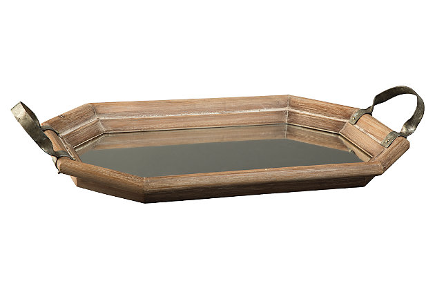 The Erling mirrored tray reflects your modern farmhouse aesthetic. Geometric wood shape with galvanized finished metal handles is a trendsetting mix of natural and manmade materials. Sure to bring style wherever it’s placed.Made of wood, galvanized finished metal and mirror | Clean with a soft, dry cloth