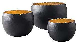 Gain three times the contemporary sophistication with the Claudine bowl set. Hammered metal finish over black and goldtone is so in vogue. With an organic edge around the top, these bowls make a stylish statement.Includes 3 bowls | Made of metal | Clean with a soft, dry cloth