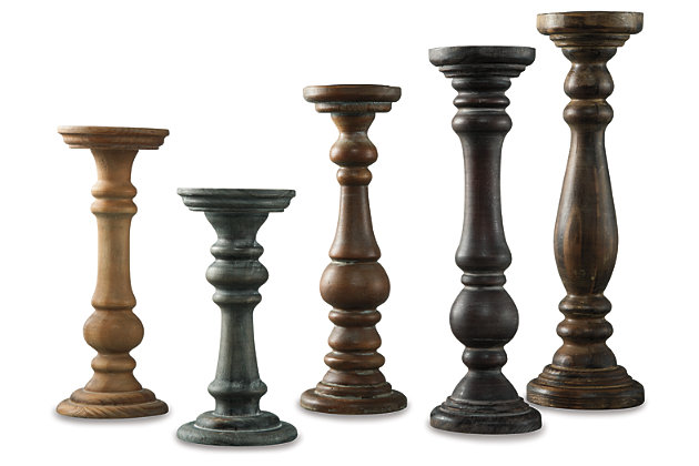 Delight in the beauty of rustic romance with the Carston pillar candle holder set. Sporting elegant turnings for traditional flair, this set of five candle holders is crafted of wood with a richly distressed finish. Multi-colored mix adds a touch of personality.Includes 5 candle holders | Made of wood | Holds 3" pillar candles (not included) | Distressed finish | Multiple colors