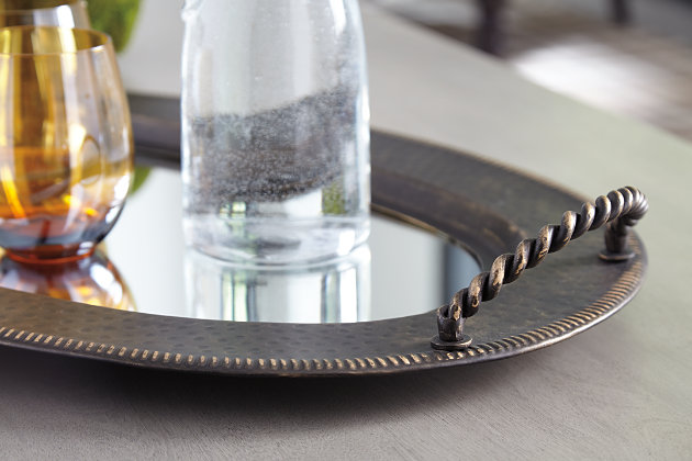 Tray chic. Sporting the look of a much-loved heirloom, the Milena mirrored tray is suited to a multitude of uses. Whether gracing a bar or sweetly sitting on a vanity, this beautiful accent adds a look of elegance to any space.Made of metal and mirrored glass | Dark antiqued goldtone finish | Clean with a soft, dry cloth