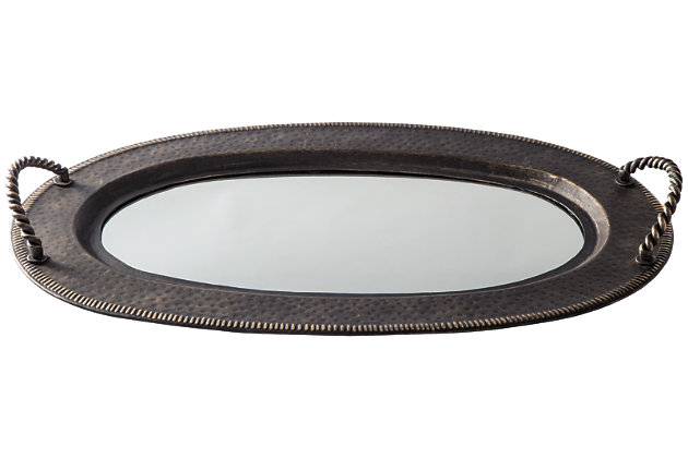 Tray chic. Sporting the look of a much-loved heirloom, the Milena mirrored tray is suited to a multitude of uses. Whether gracing a bar or sweetly sitting on a vanity, this beautiful accent adds a look of elegance to any space.Made of metal and mirrored glass | Dark antiqued goldtone finish | Clean with a soft, dry cloth