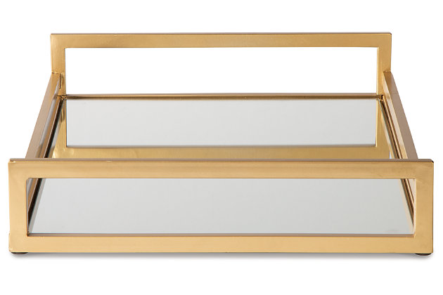 Crafted from metal, the Adria square tray with a mirrored glass base features raised railings along the circumference to ensure the safety of your favorite keepsakes. Versatile and visually elevating, this is a great choice for decor spaces with a contemporary feel and design.Metal frame with goldtone painted finish | Mirrored glass base | Interior use only