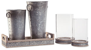 Industrial farmhouse design proliferates in the Donae 5-piece accessory set. Galvanized metal flows from the antiqued vases to the banding around the natural wood of the tray and candle holders. Soften the vibe by adding fresh greenery and pleasantly scented candles.Includes 2 candle holders, tray and 2 vases | Made of galvanized finished metal and natural wood | Candle holder holds 3" pillar candles (candles not included) | Clean with a soft, dry cloth